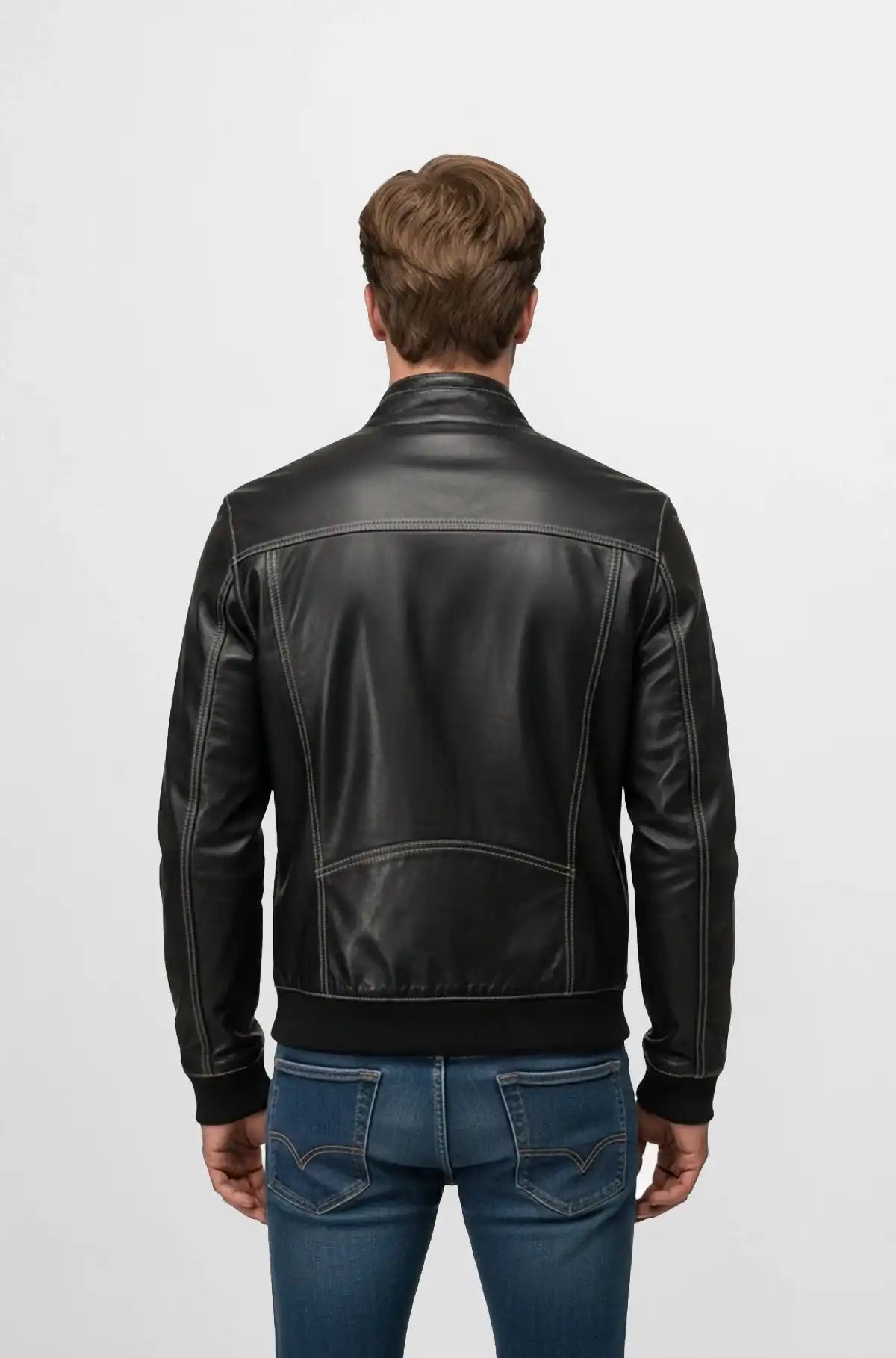 Slim Fit Jet Black Leather Bomber Jacket Back view