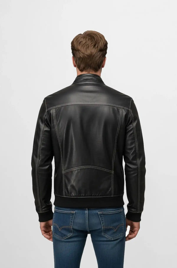 Slim Fit Jet Black Leather Bomber Jacket Back view