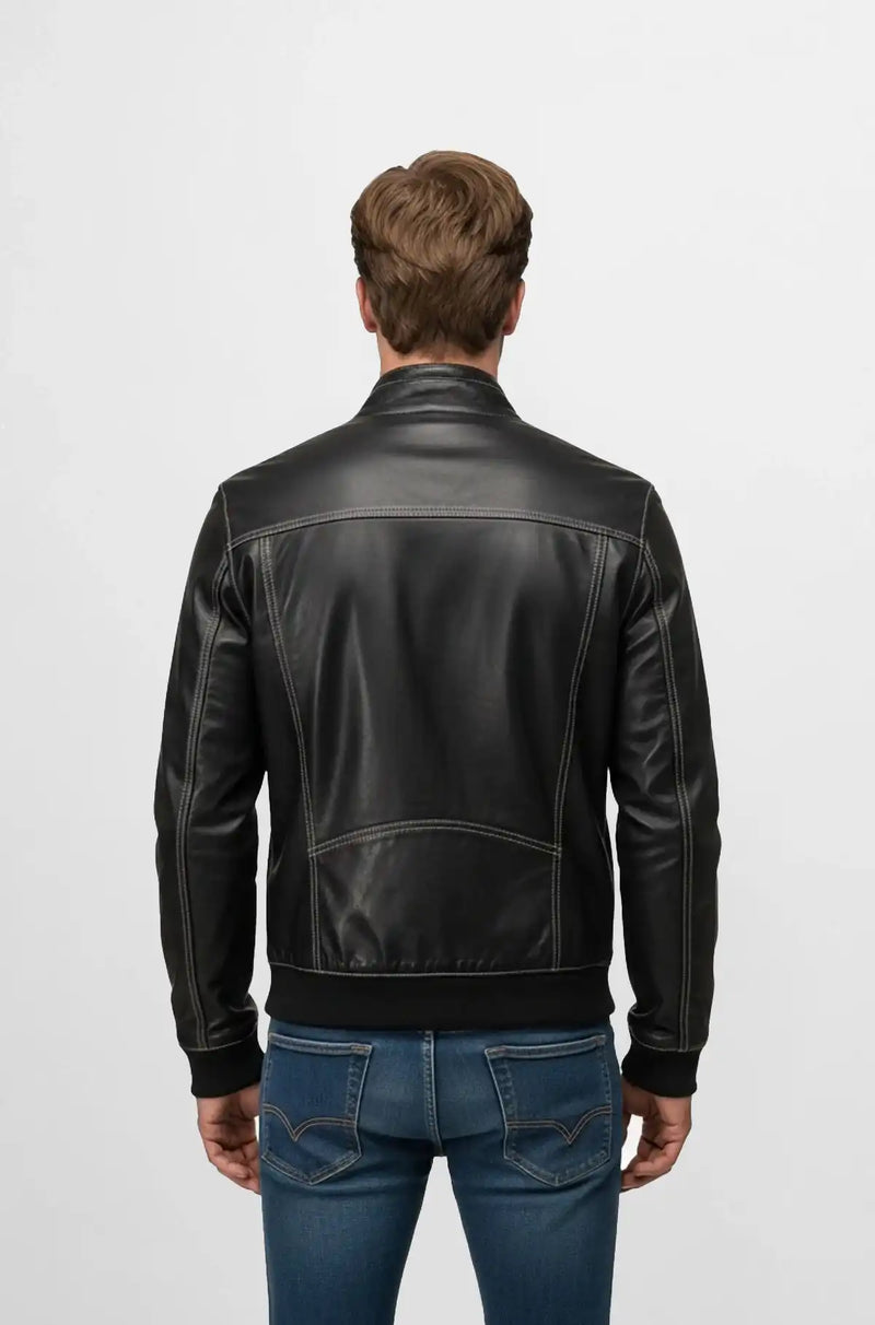 Slim Fit Jet Black Leather Bomber Jacket Back view