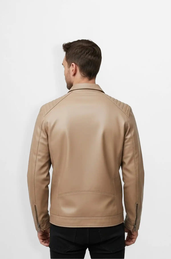 Soft Beige Leather Bomber Jacket Back View