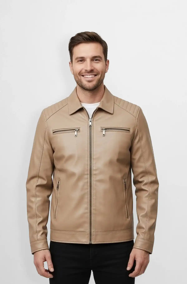 Soft Beige Leather Bomber Jacket Front view