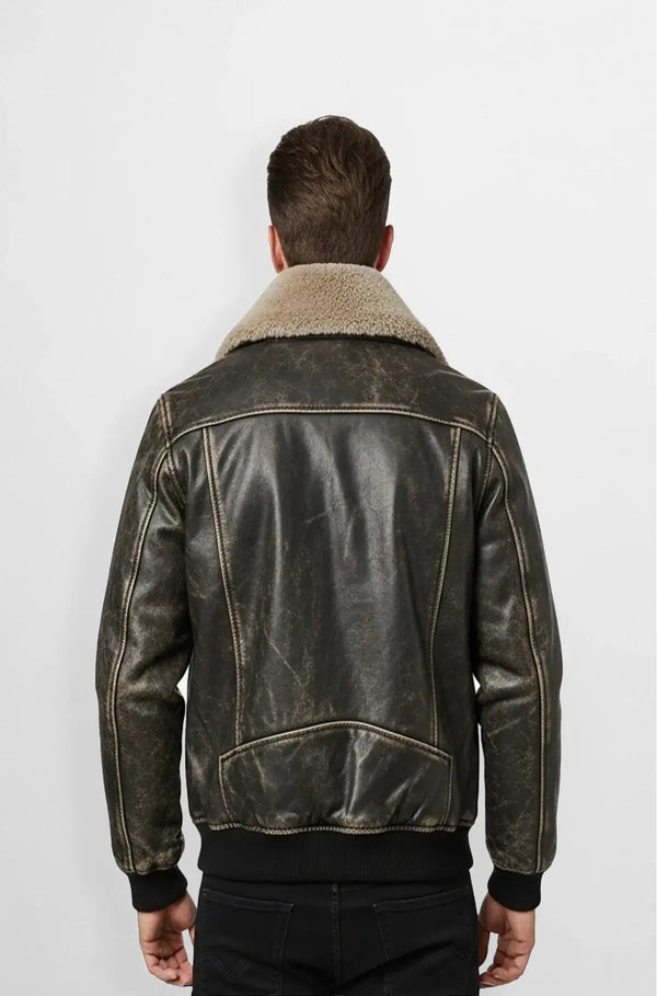Soft Brown Leather Bomber Jacket with Shearling Collar