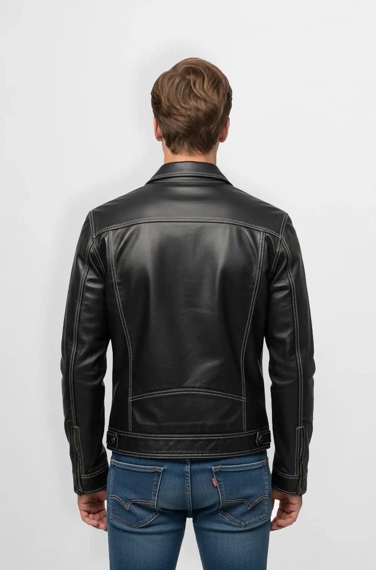 Stitched Black Leather Biker Jacket Back view