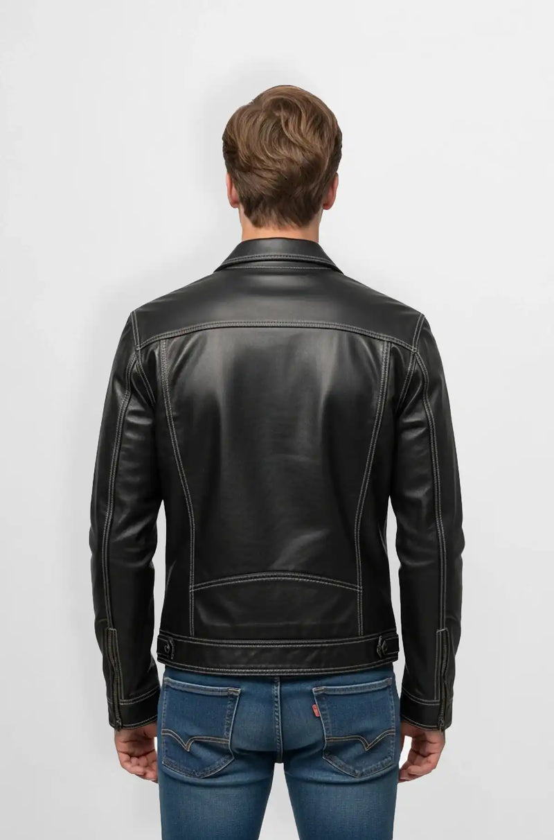 Stitched Black Leather Biker Jacket Back view