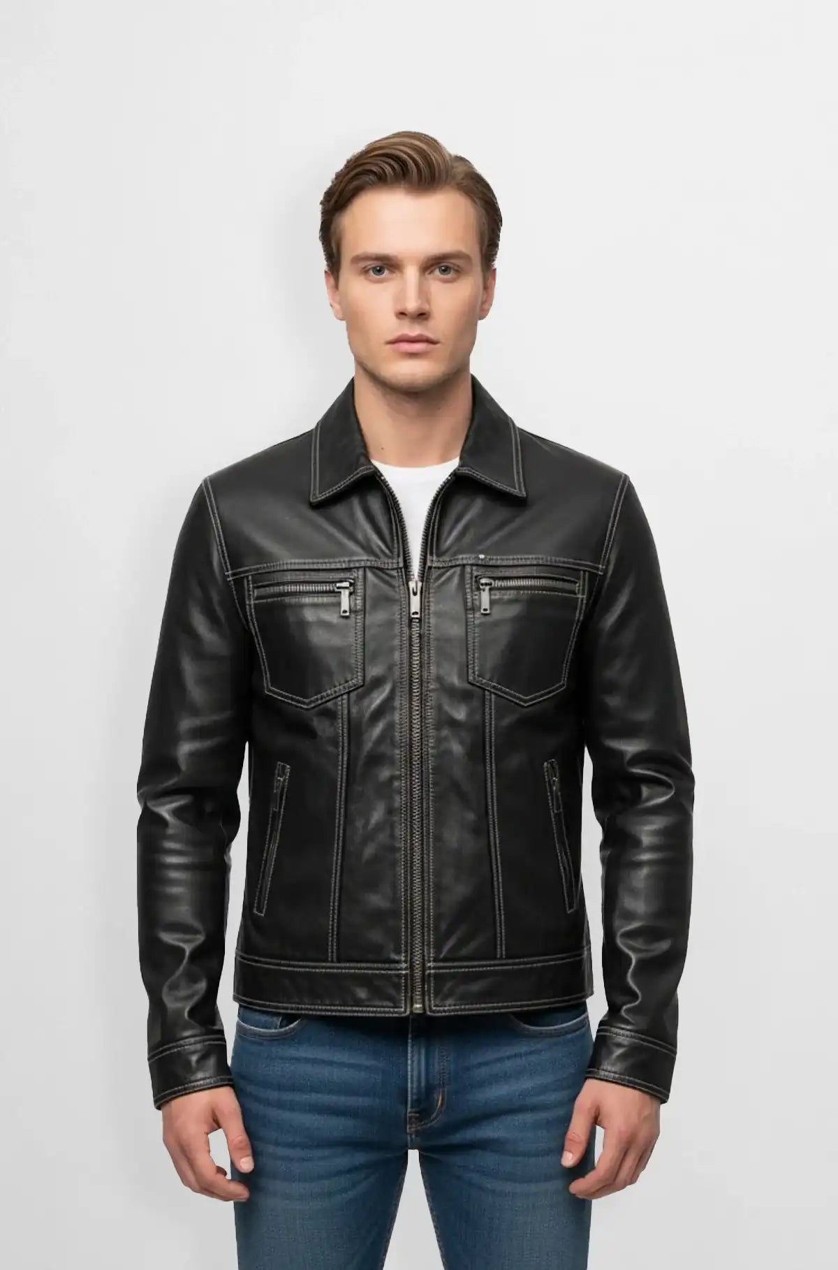 Stitched Black Leather Biker Jacket Front view