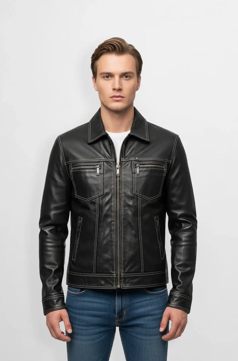 Stitched Black Leather Biker Jacket Front view
