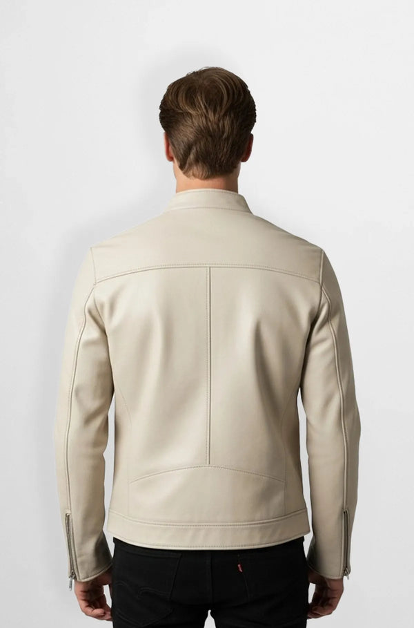 Stitched Cream Leather Bomber Jacket Back view
