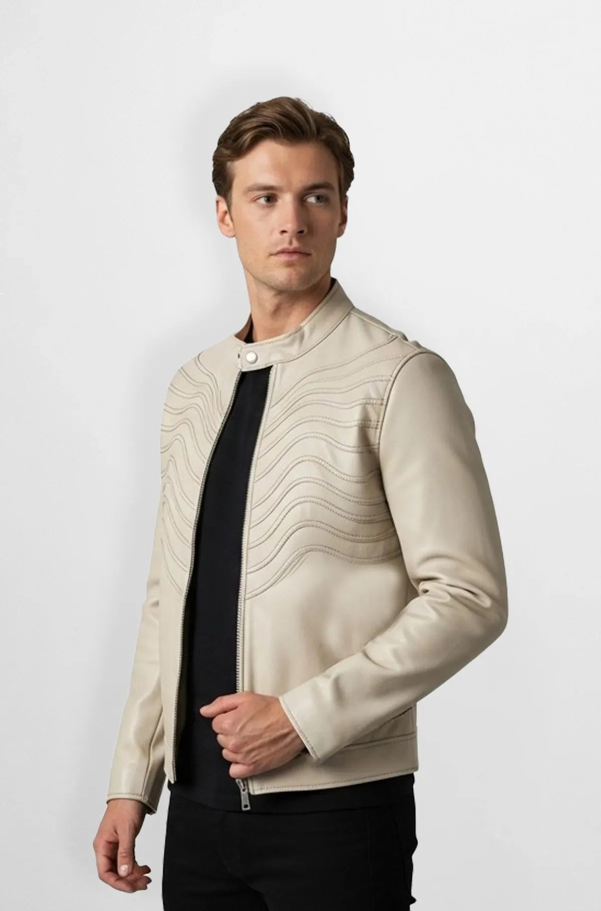 Stitched Cream Leather Bomber Jacket Side view