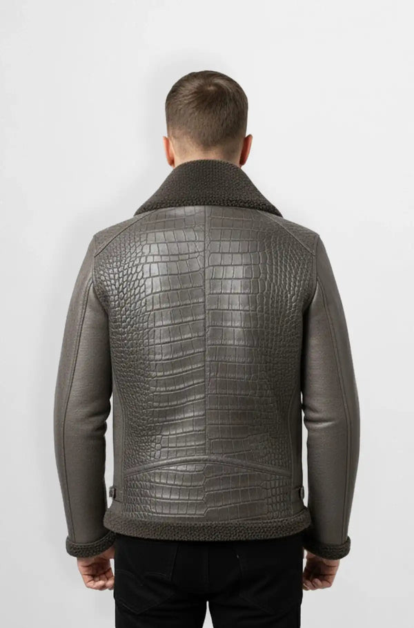 Stone hide Grey Croc Shearling Aviator Leather Jacket