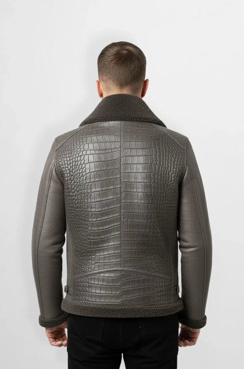 Stone hide Grey Croc Shearling Aviator Leather Jacket