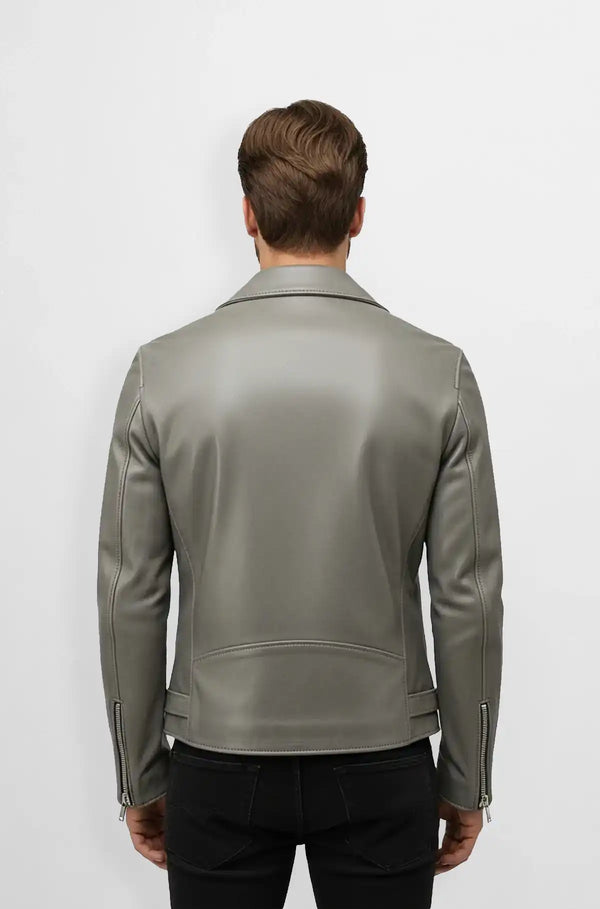 Storm Grey Biker Leather Jacket Back view