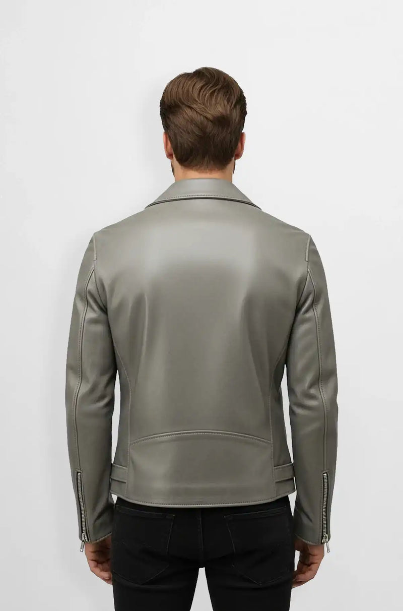 Storm Grey Biker Leather Jacket Back view