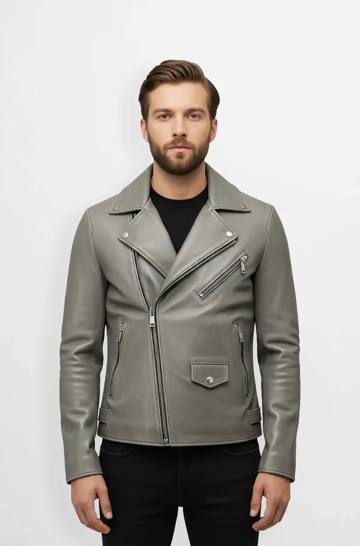 Storm Grey Biker Leather Jacket Front view