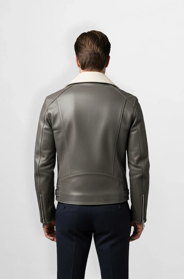 Storm Grey Leather Moto Jacket Back view