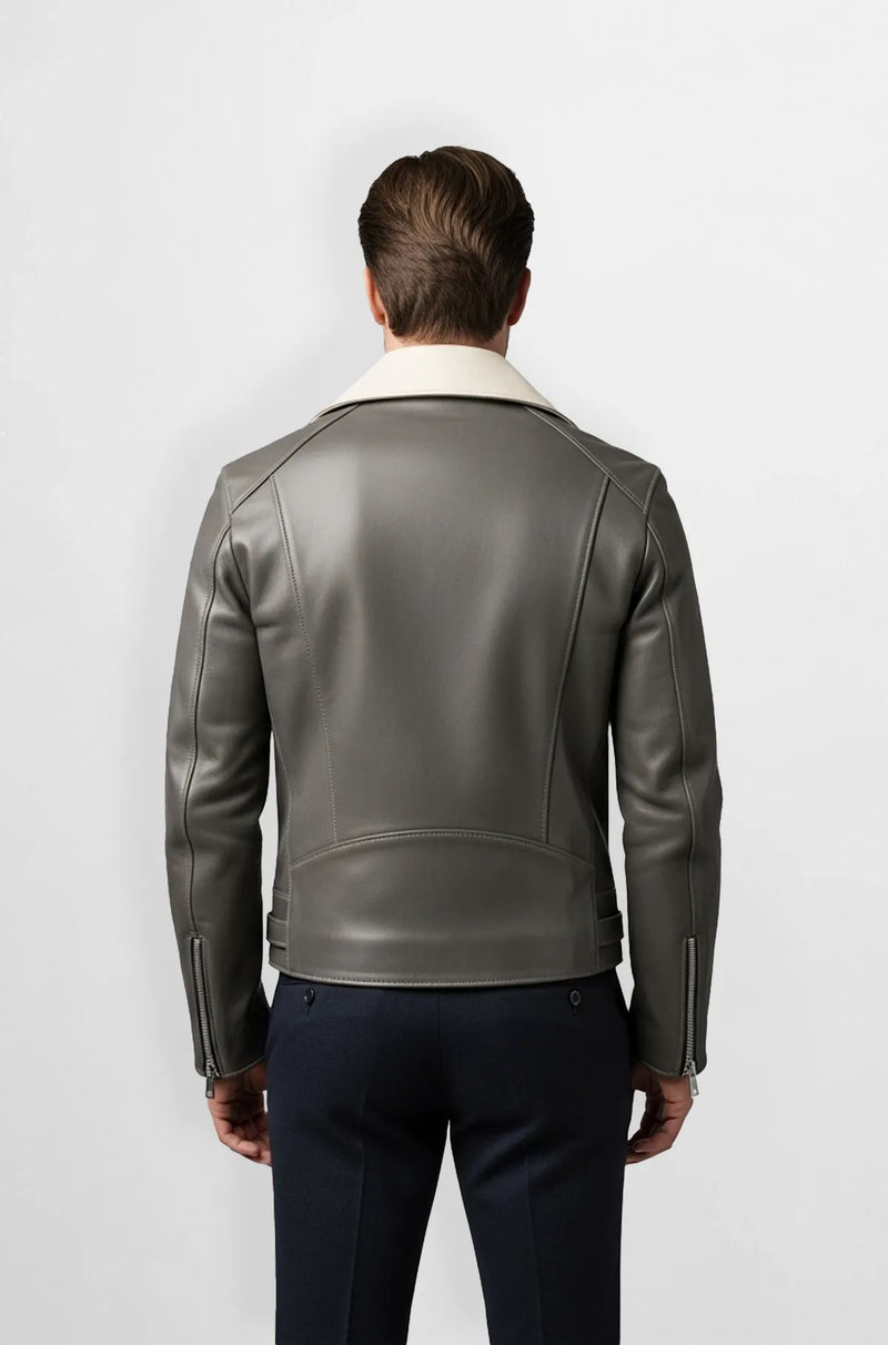Storm Grey Leather Moto Jacket Back view