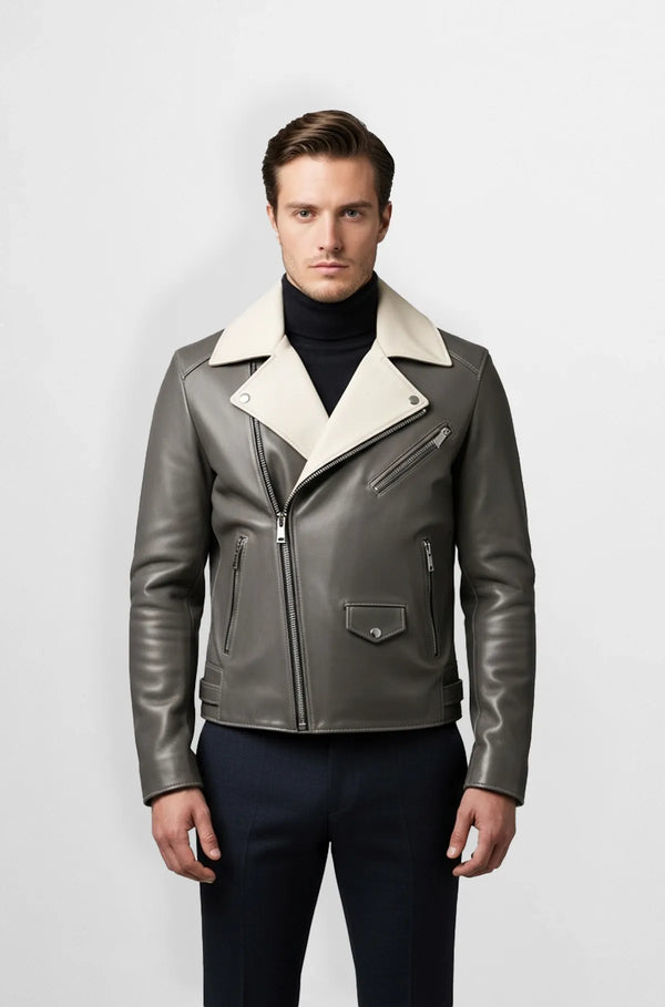 Storm Grey Leather Moto Jacket Front view