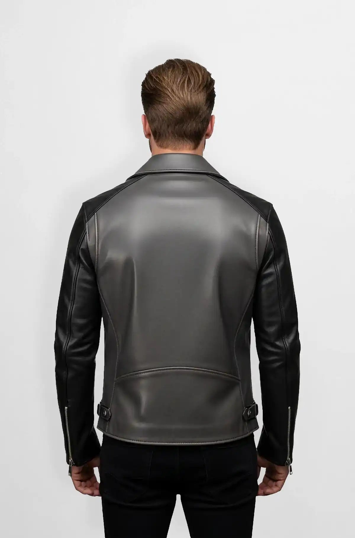 Street Style Graphite Grey Biker Leather Jacket Back view