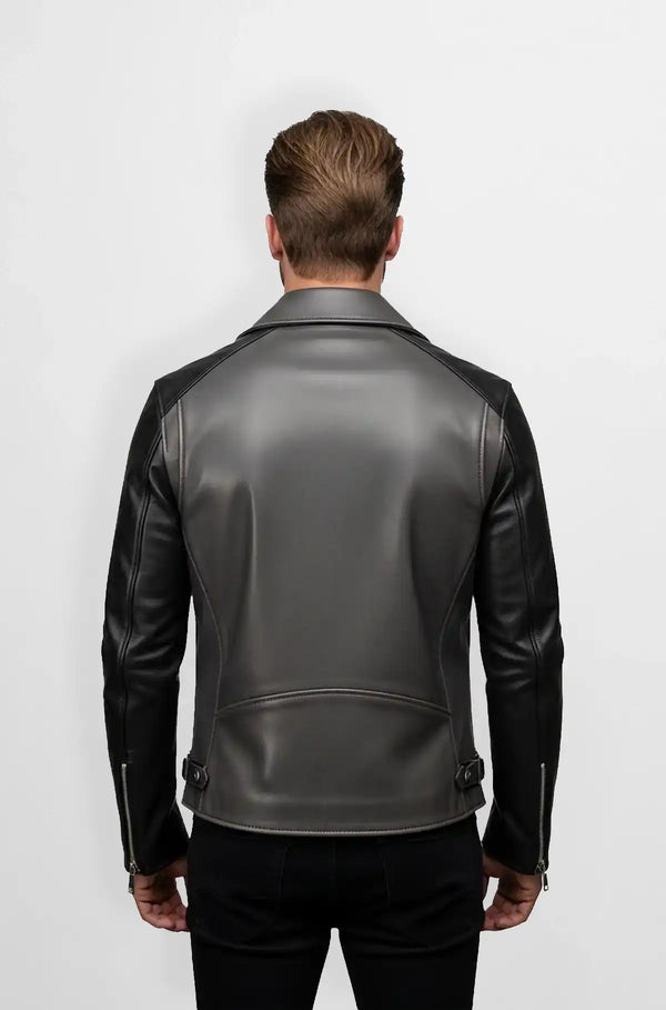 Street Style Graphite Grey Biker Leather Jacket Back view