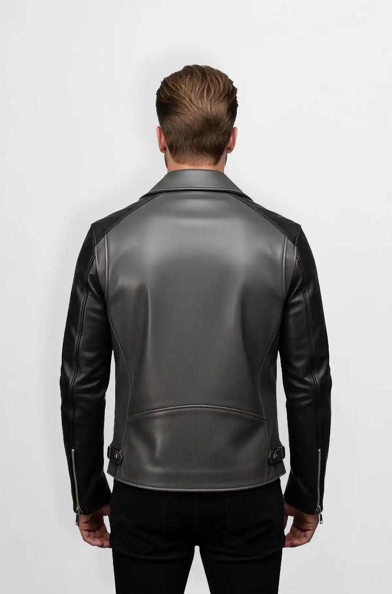 Street Style Graphite Grey Biker Leather Jacket Back view