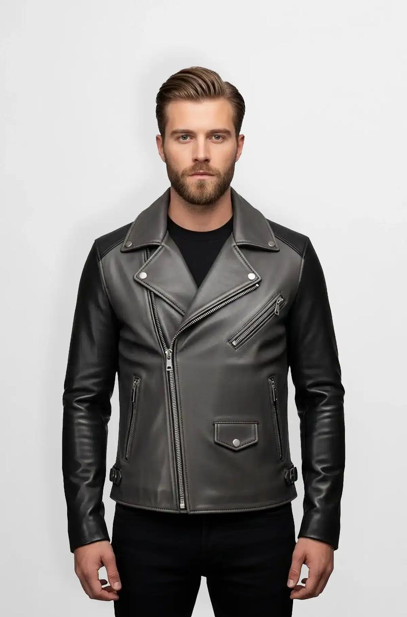 Street Style Graphite Grey Biker Leather Jacket Front view