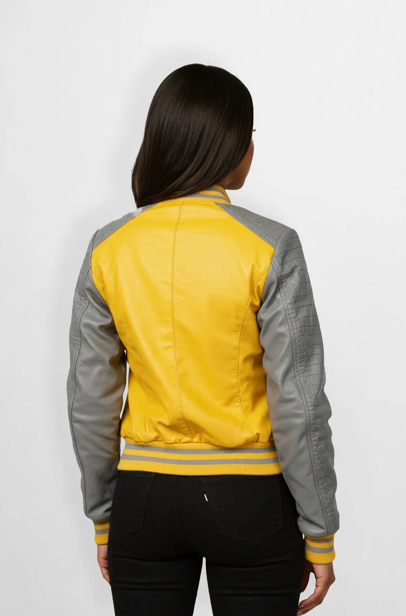 Sunburst Yellow & Steel Grey Bomber Leather Jacket Back view