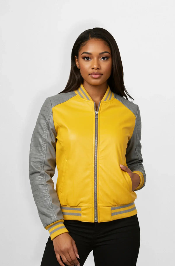 Sunburst Yellow & Steel Grey Bomber Leather Jacket Front view
