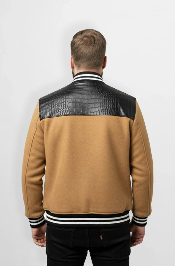Tan & Black Crocodile Leather Wool Varsity Jacket Back view
