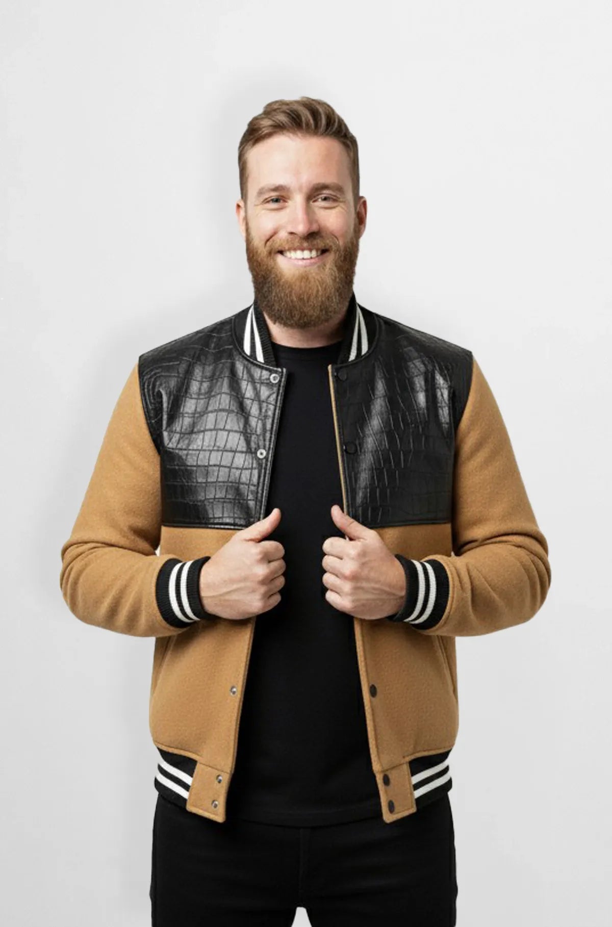 Tan & Black Crocodile Leather Wool Varsity Jacket Front view