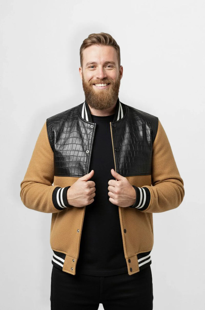Tan & Black Crocodile Leather Wool Varsity Jacket Front view