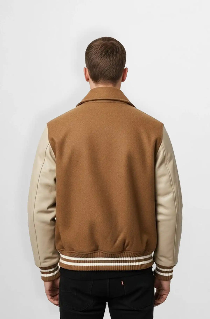 Tan and Cream Wool Leather Varsity Jacket Back view