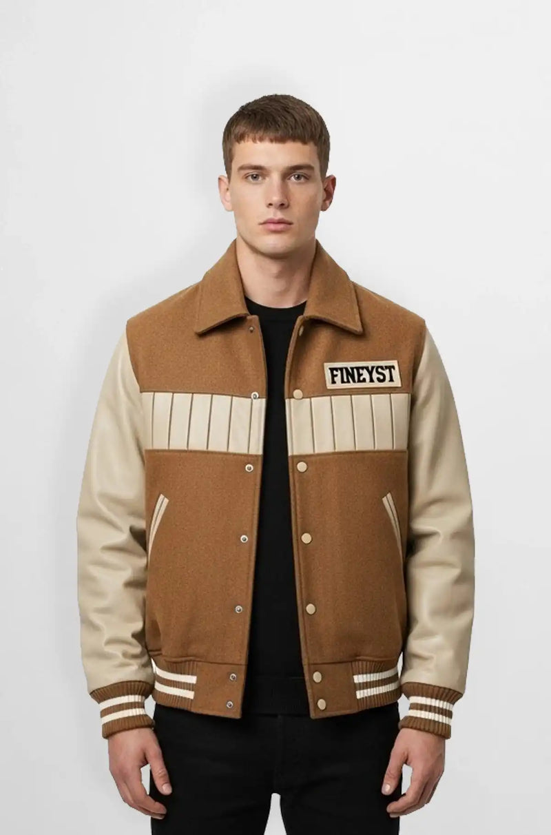 Tan and Cream Wool Leather Varsity Jacket Front view
