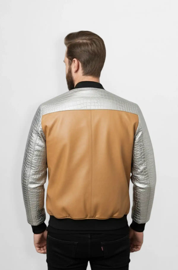 Tan Brown Leather Bomber Jacket Back view