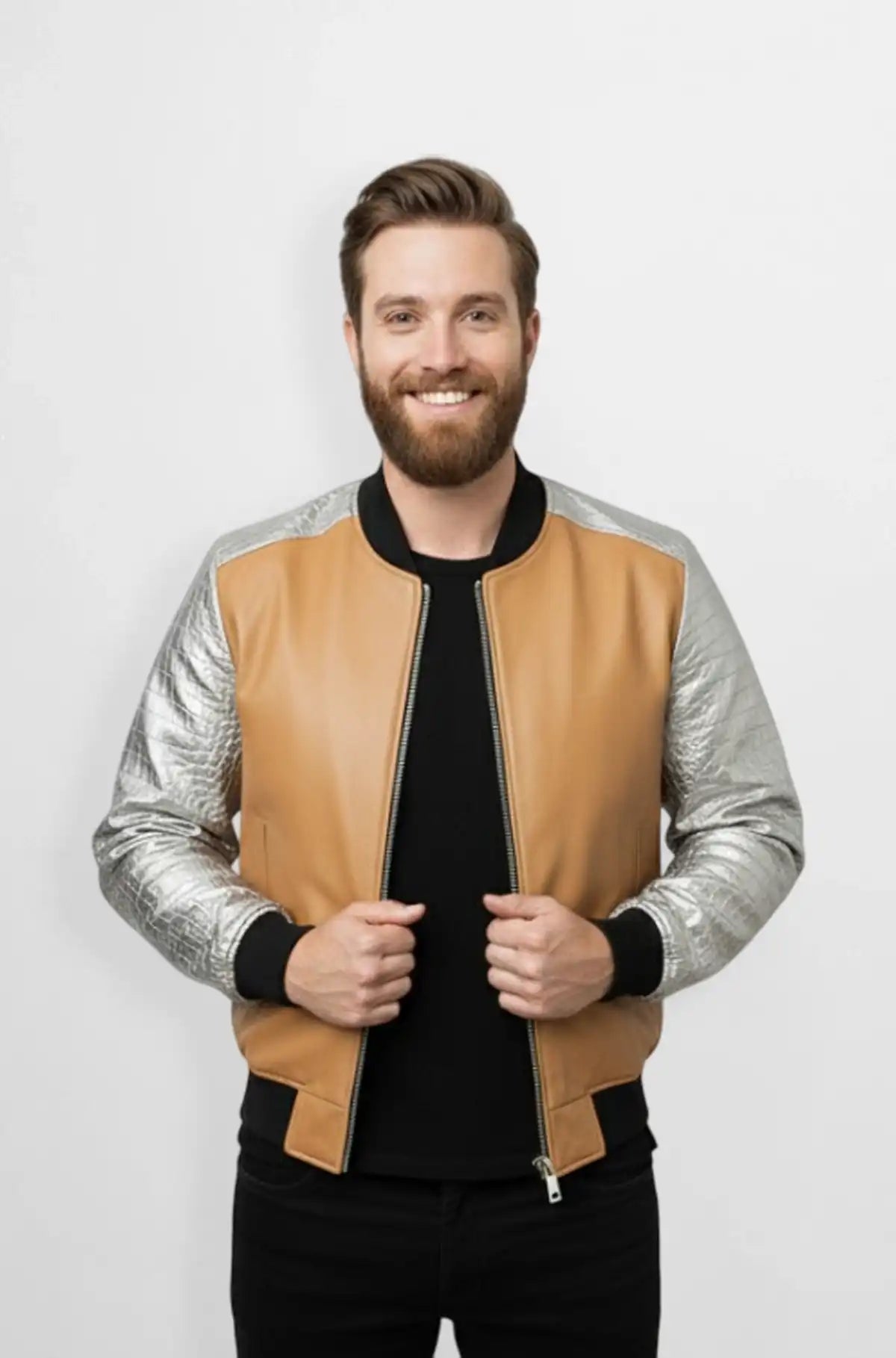 Tan Brown Leather Bomber Jacket Front view