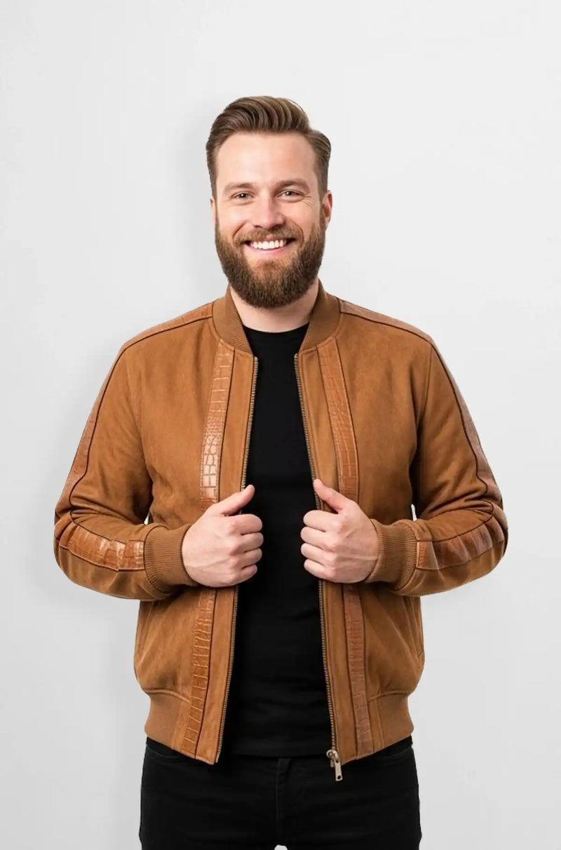 Tan Camel Crocodile Suede Leather Bomber Jacket Front view