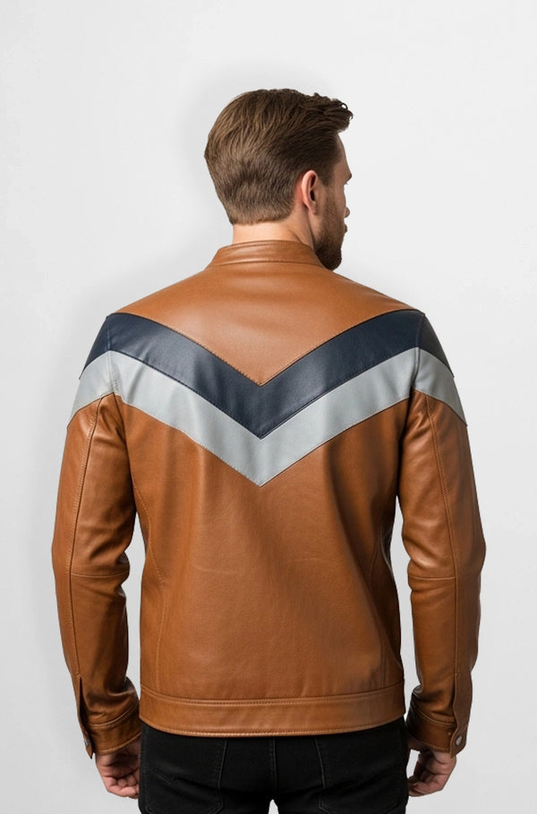Tan Chevron Panel Leather Racer Jacket Back view