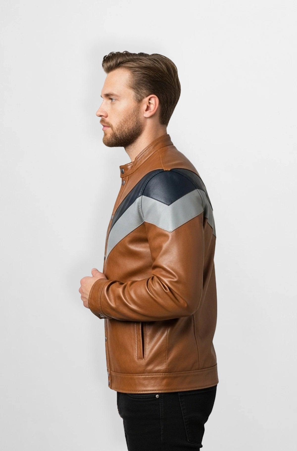 Tan Chevron Panel Leather Racer Jacket Side view