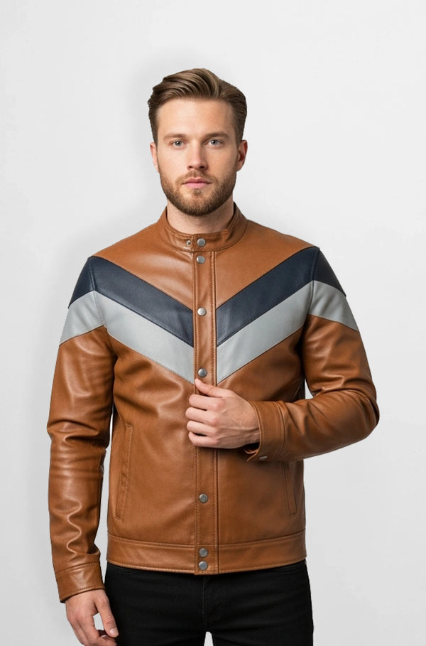 Tan Chevron Panel Leather Racer Jacket Front view