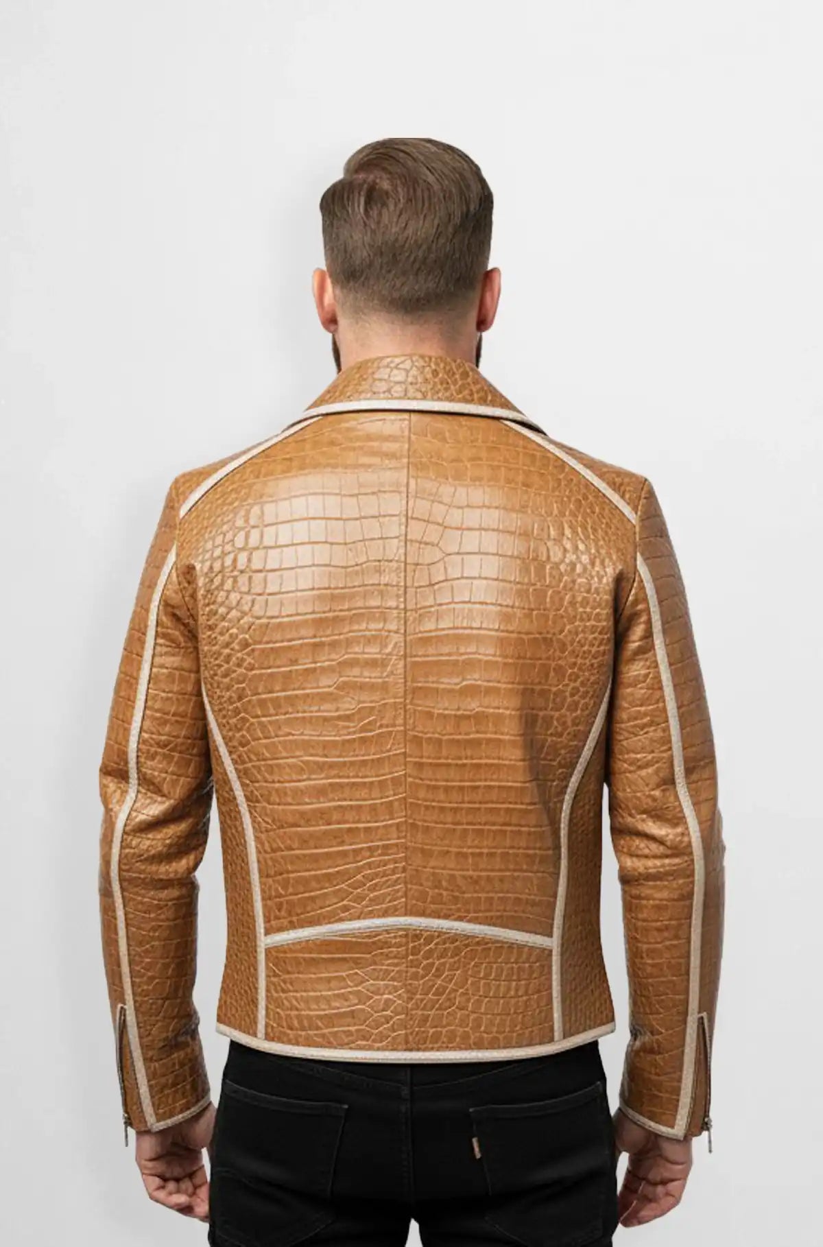 Tan Croc Embossed Biker Leather Jacket