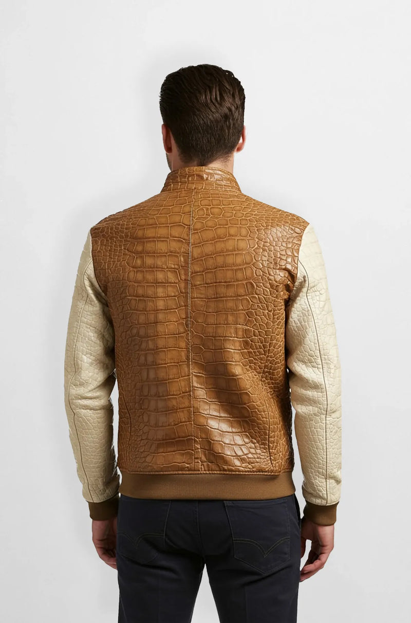 Tan Crocodile Leather Bomber Jacket Back view