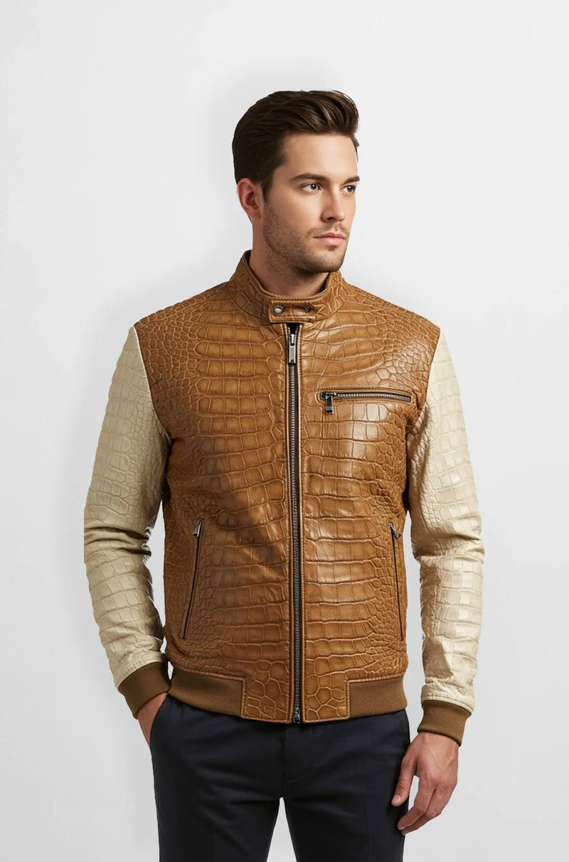 Tan Crocodile Leather Bomber Jacket Front view