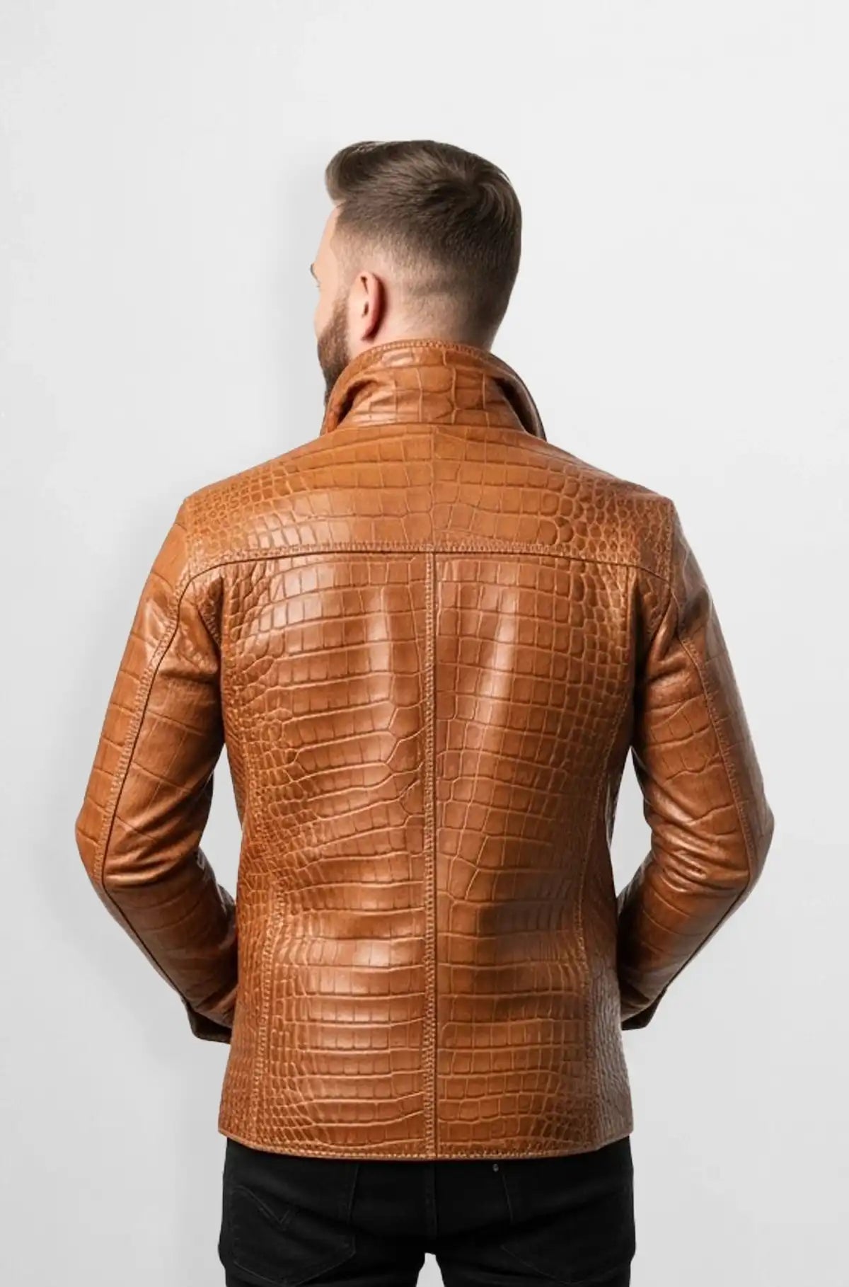 Tan Crocodile Leather Trucker Jacket Back view