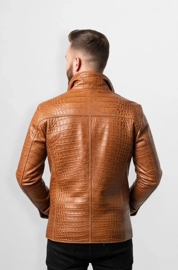 Tan Crocodile Leather Trucker Jacket Back view