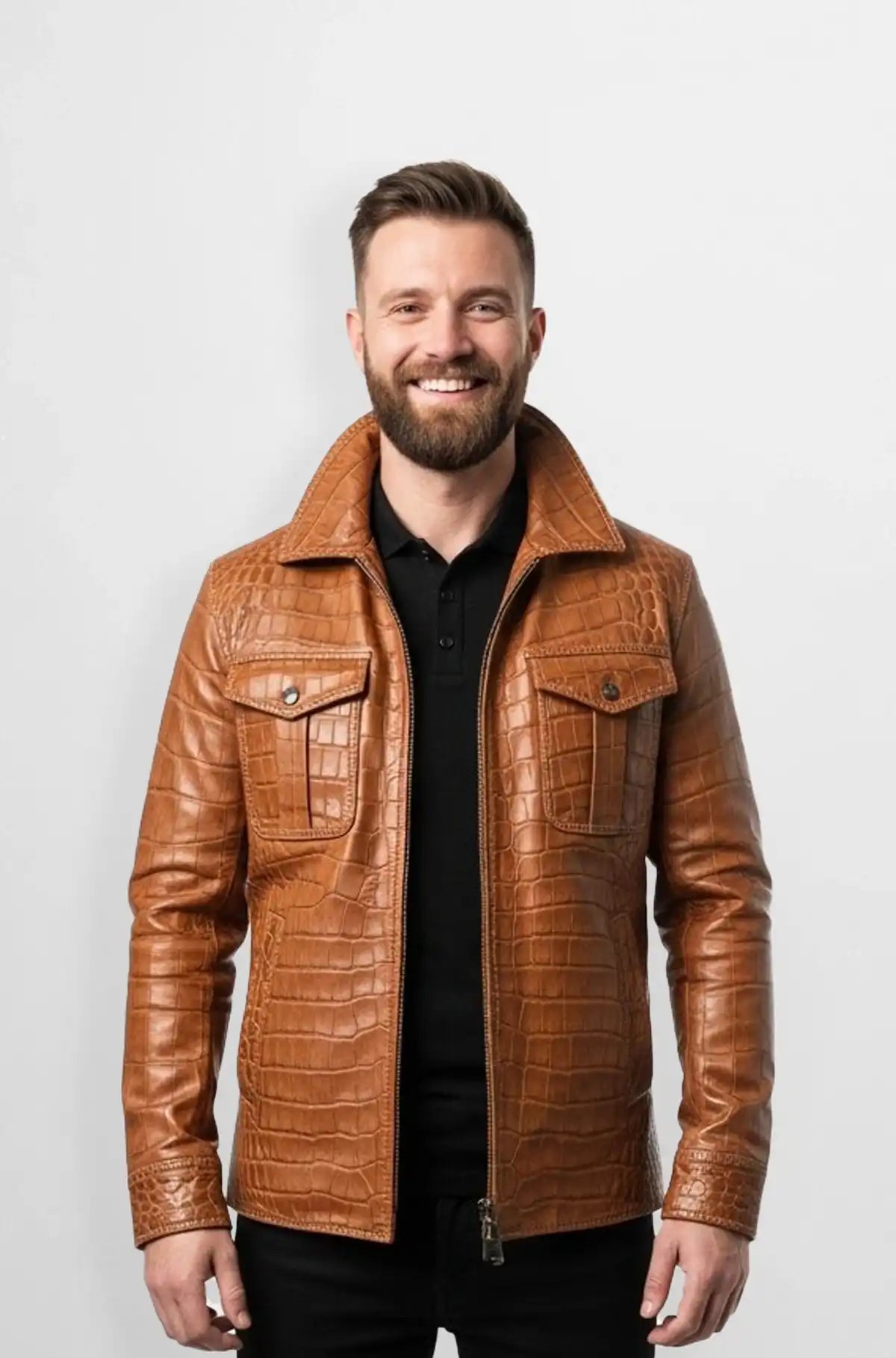 Tan Crocodile Leather Trucker Jacket Front view