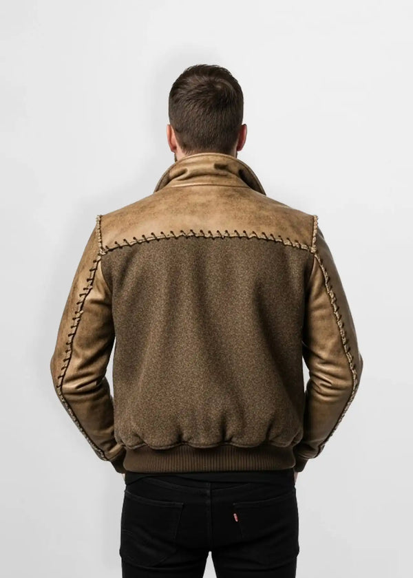 Tan Designer Leather Wool Bomber Jacket Back view
