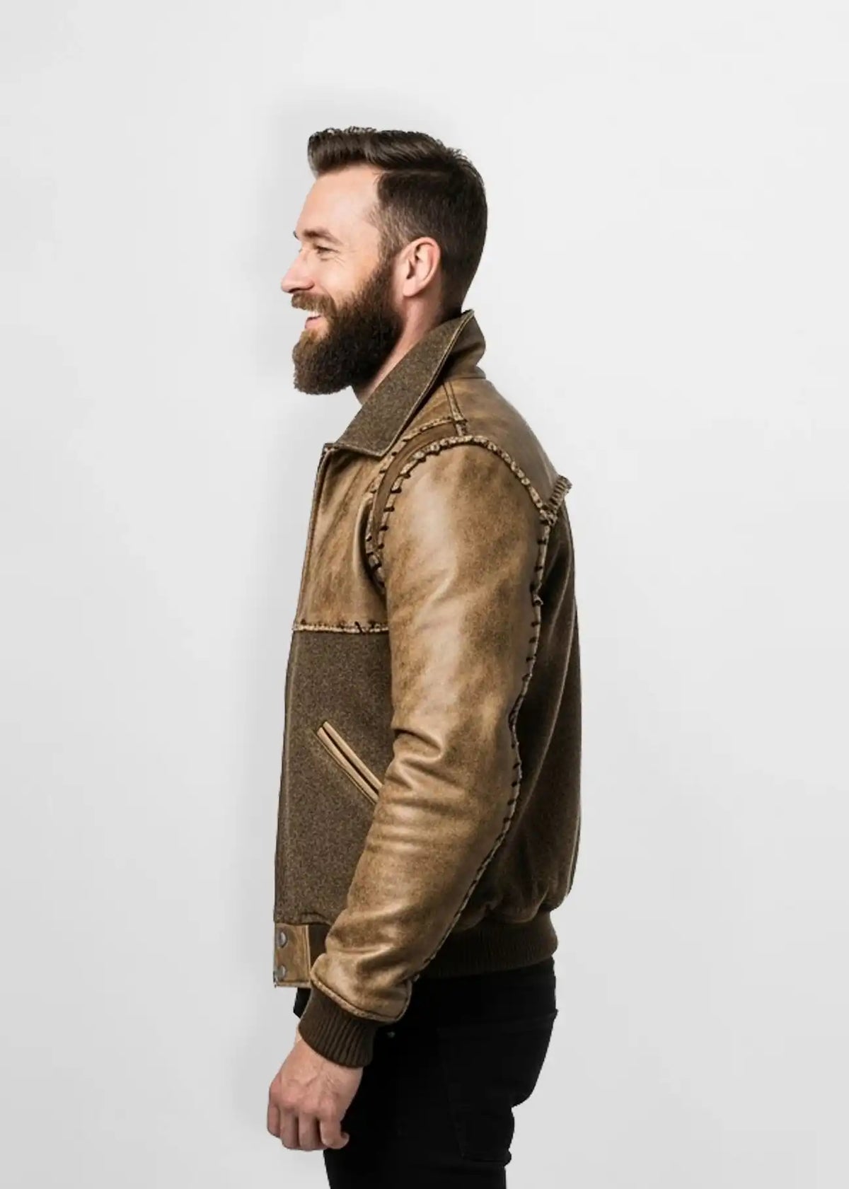 Tan Designer Leather Wool Bomber Jacket Side view