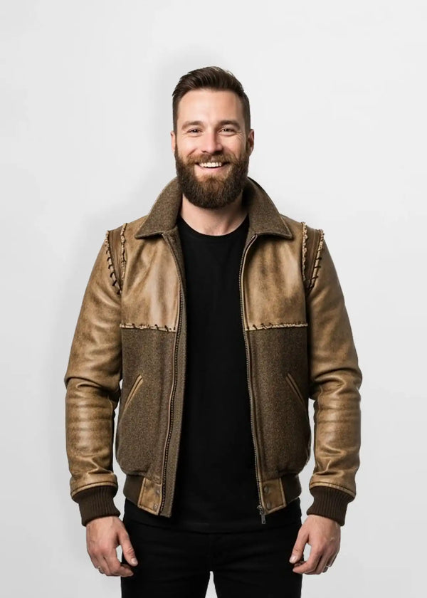 Tan Designer Leather Wool Bomber Jacket Front view