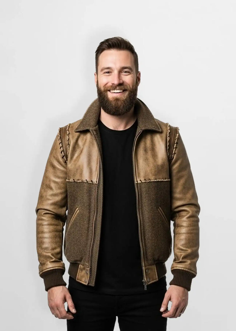 Tan Designer Leather Wool Bomber Jacket Front view