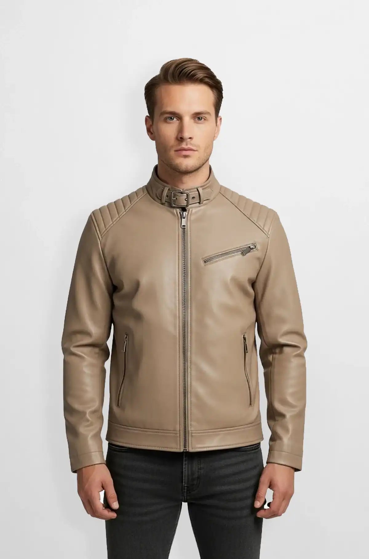 Tan Leather Biker Jacket Front view