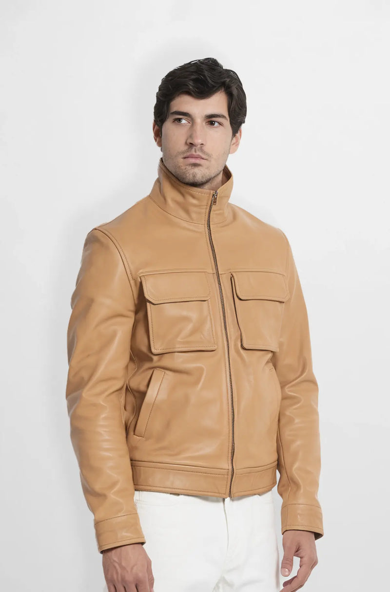 Tan Leather Jacket for Men front view
