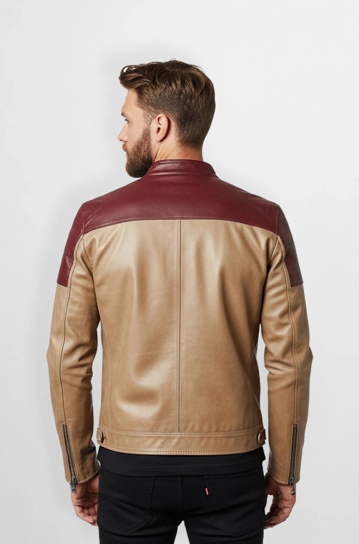 Tan Maroon Leather Biker Jacket Back view